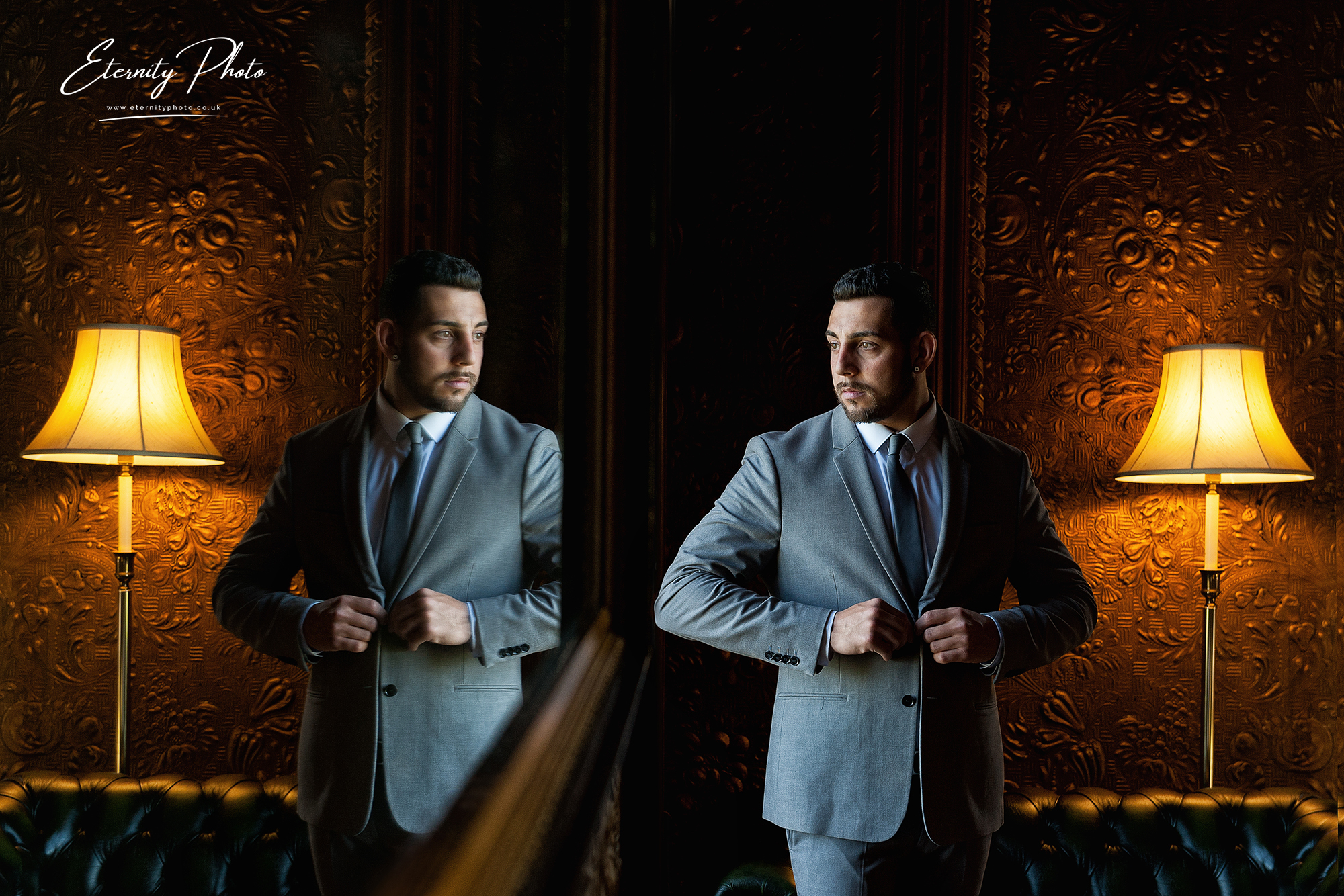 Man in suit with reflection in vintage room.